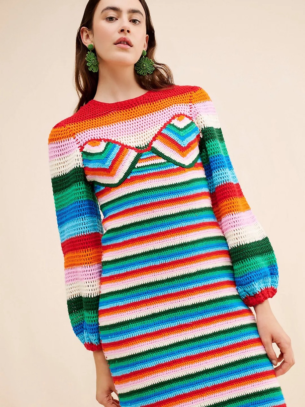 FARM Rio Rainbow Striped Crochet Long-Sleeve Midi Dress